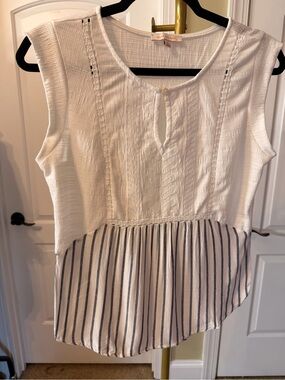 Skies Are Blue White Sleeveless Peplum Top with Navy Stripes